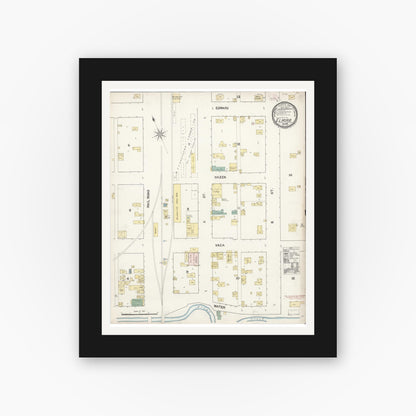 Old map wall art mockup — black gallery frame with white mat — Sanborn Fire Insurance Map from Elmira, Solano County, California (1889), Sheet #0001