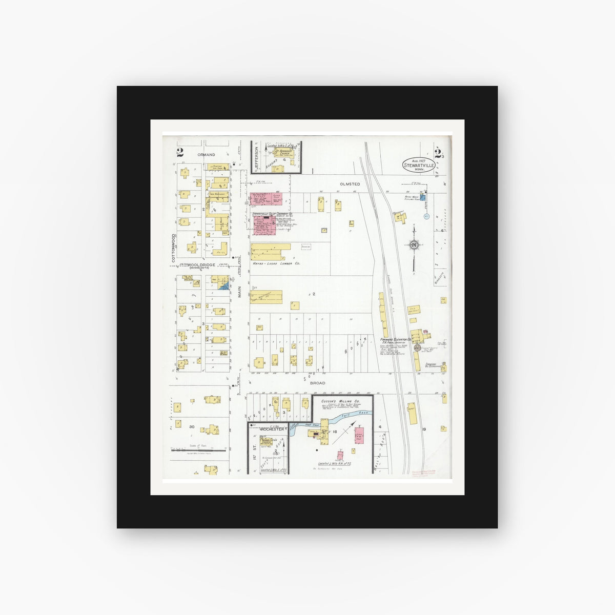 Old map wall art mockup — black gallery frame with white mat — Sanborn Fire Insurance Map from Stewartville, Olmsted County, Minnesota (1927), Sheet #0002