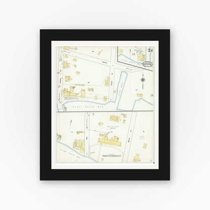 Old map wall art mockup — black gallery frame with white mat — Sanborn Fire Insurance Map from Patchogue, Suffolk County, New York (1910), Sheet #0024