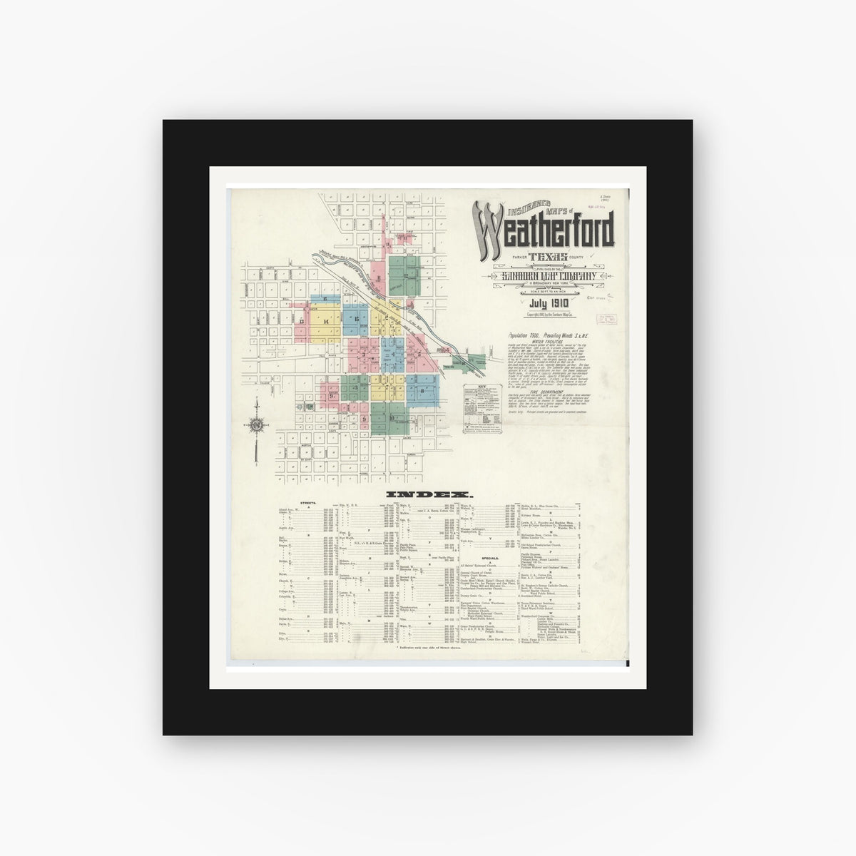 Old map wall art mockup — black gallery frame with white mat — Sanborn Fire Insurance Map from Weatherford, Parker County, Texas (1910) - Complete Map Set