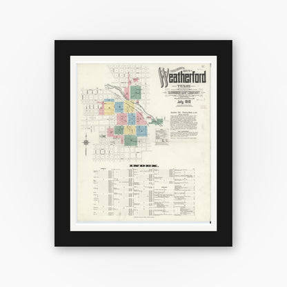 Old map wall art mockup — black gallery frame with white mat — Sanborn Fire Insurance Map from Weatherford, Parker County, Texas (1910) - Complete Map Set