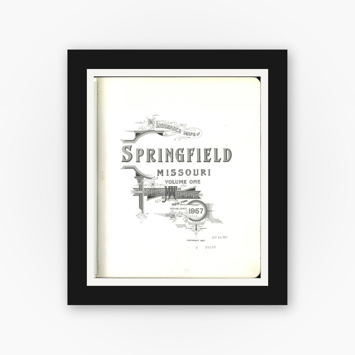 Old map wall art mockup — black gallery frame with white mat — Sanborn Fire Insurance Map from Springfield, Greene County, Missouri (1957), Sheet #0001