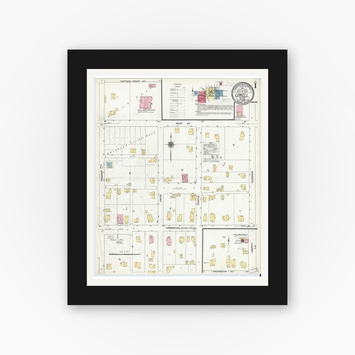 Old map wall art mockup — black gallery frame with white mat — Sanborn Fire Insurance Map from Lowell, Lake County, Indiana (1909) - Complete Map Set