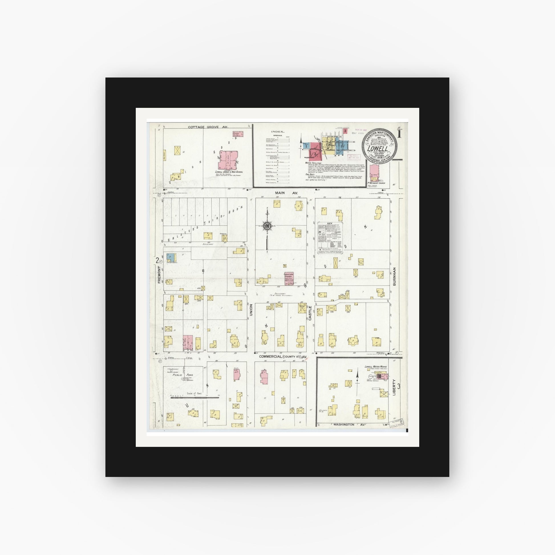 Old map wall art mockup — black gallery frame with white mat — Sanborn Fire Insurance Map from Lowell, Lake County, Indiana (1909) - Complete Map Set