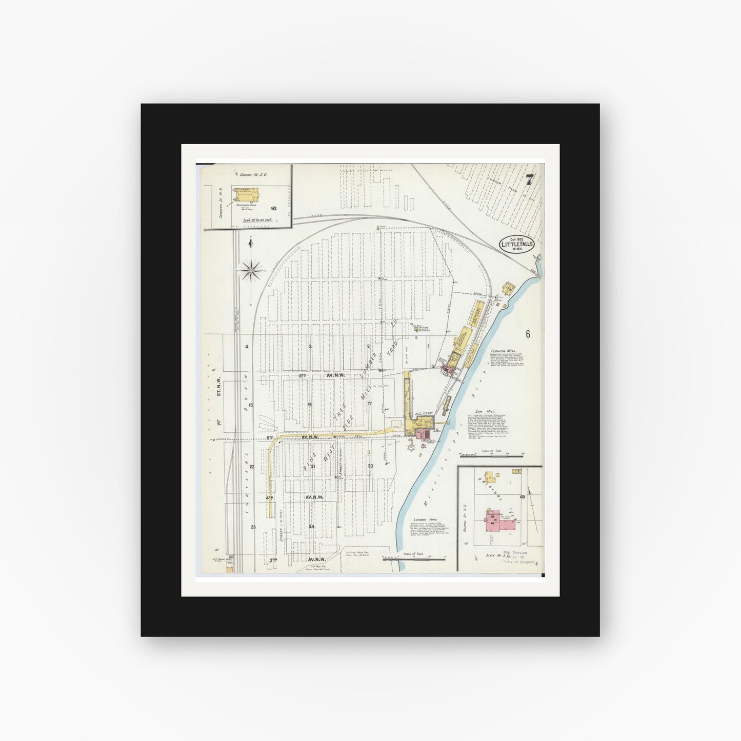 Old map wall art mockup — black gallery frame with white mat — Sanborn Fire Insurance Map from Little Falls, Morrison County, Minnesota (1902), Sheet #0007