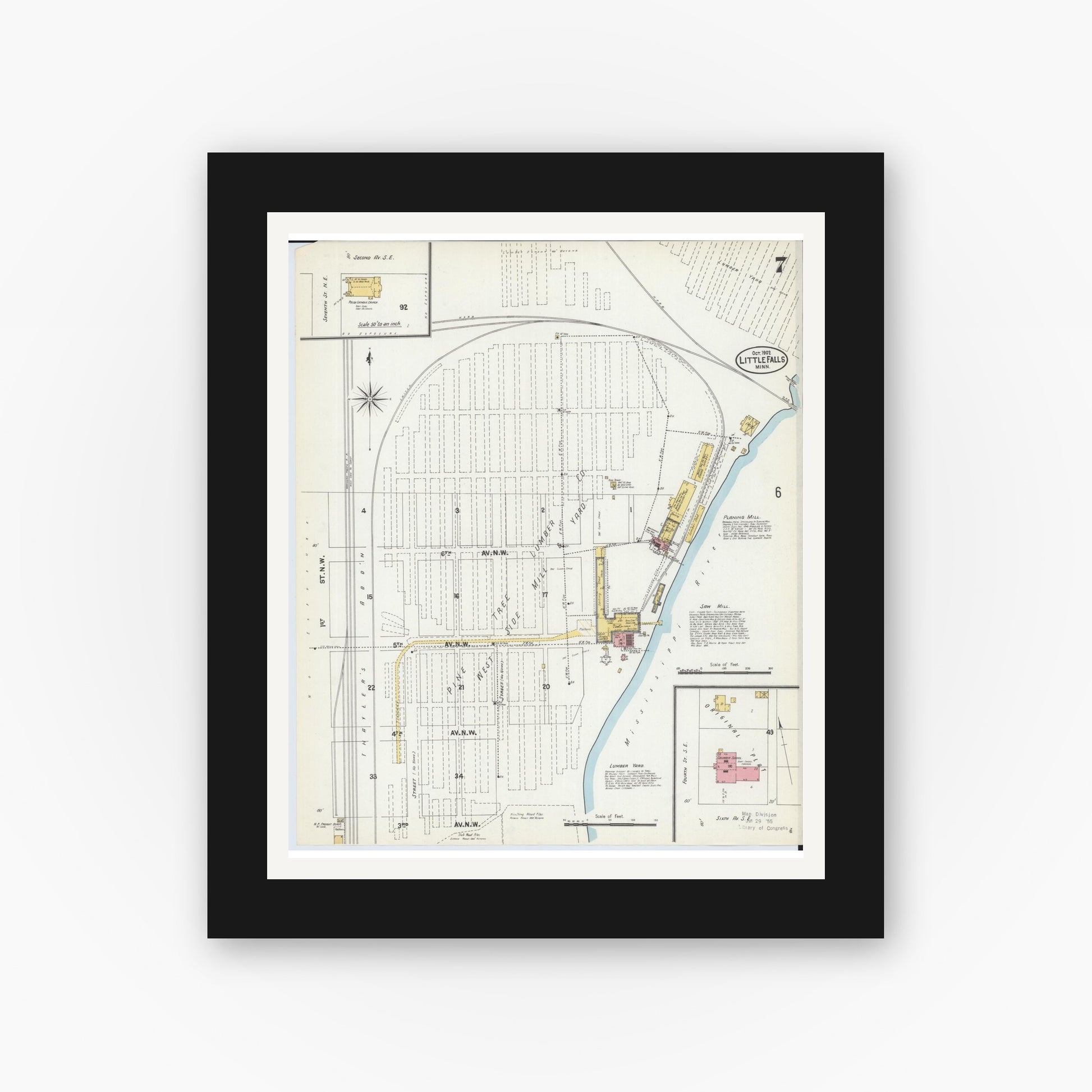 Old map wall art mockup — black gallery frame with white mat — Sanborn Fire Insurance Map from Little Falls, Morrison County, Minnesota (1902), Sheet #0007
