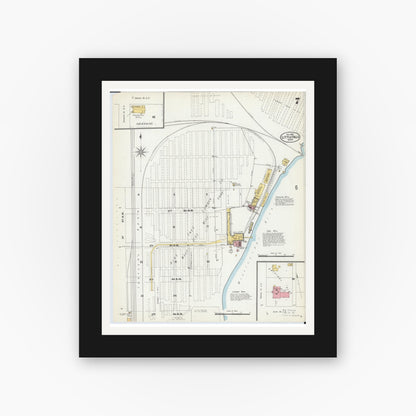 Old map wall art mockup — black gallery frame with white mat — Sanborn Fire Insurance Map from Little Falls, Morrison County, Minnesota (1902), Sheet #0007