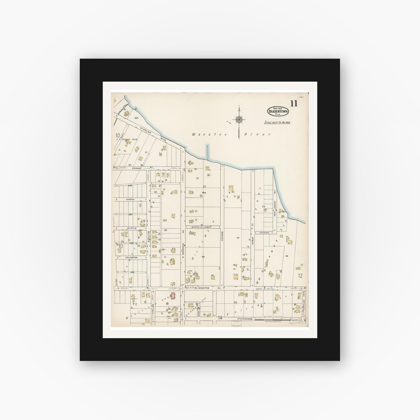 Old map wall art mockup — black gallery frame with white mat — Sanborn Fire Insurance Map from Bradentown, Manatee County, Florida (1922), Sheet #0011