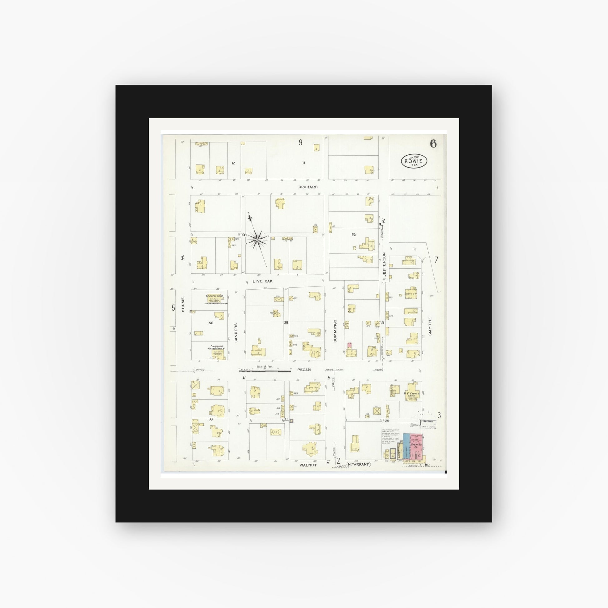 Old map wall art mockup — black gallery frame with white mat — Sanborn Fire Insurance Map from Bowie, Montague County, Texas (1908), Sheet #0006