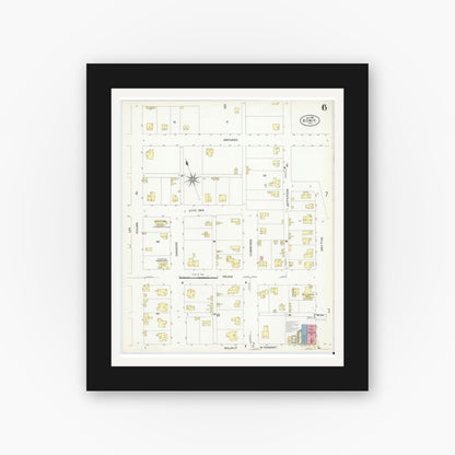 Old map wall art mockup — black gallery frame with white mat — Sanborn Fire Insurance Map from Bowie, Montague County, Texas (1908), Sheet #0006