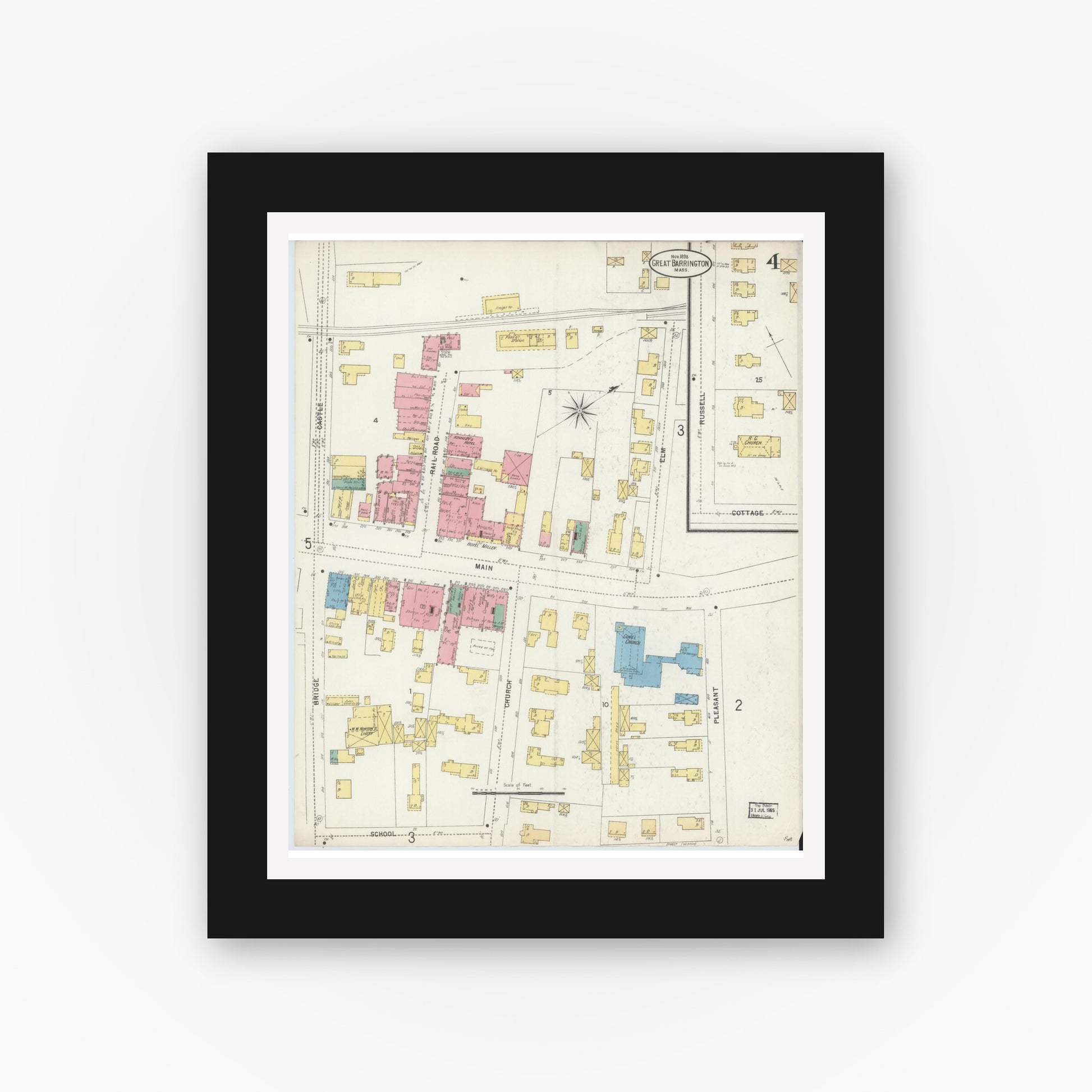 Old map wall art mockup — black gallery frame with white mat — Sanborn Fire Insurance Map from Great Barrington, Berkshire County, Massachusetts (1898), Sheet #0004