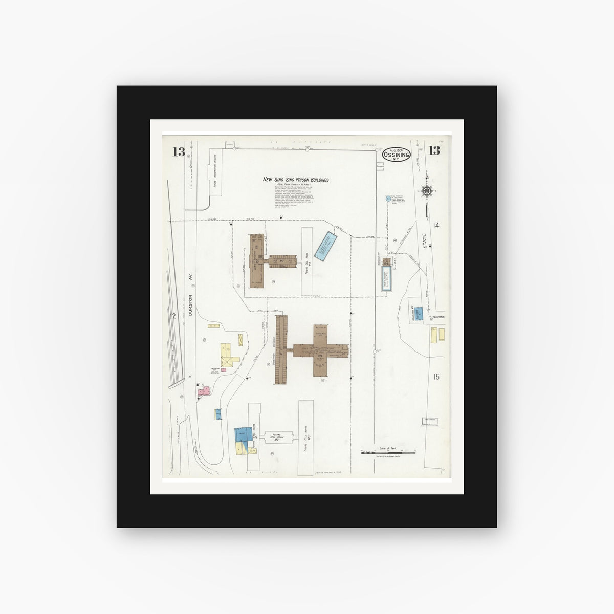 Old map wall art mockup — black gallery frame with white mat — Sanborn Fire Insurance Map from Ossining, Westchester County, New York (1924), Sheet #0013