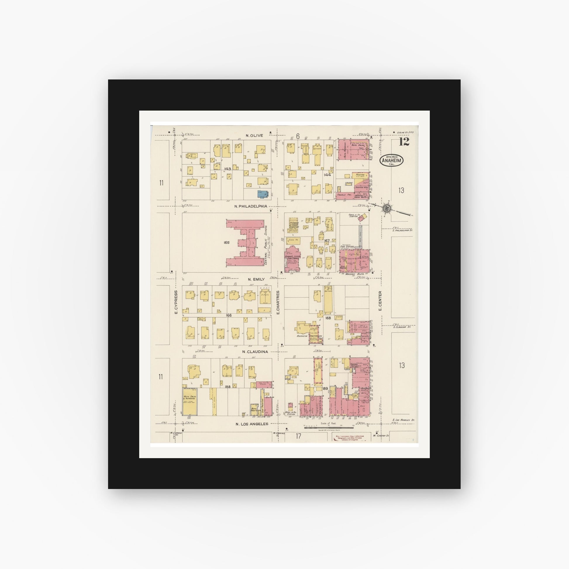 Old map wall art mockup — black gallery frame with white mat — Sanborn Fire Insurance Map from Anaheim, Orange County, California (1922), Sheet #0012