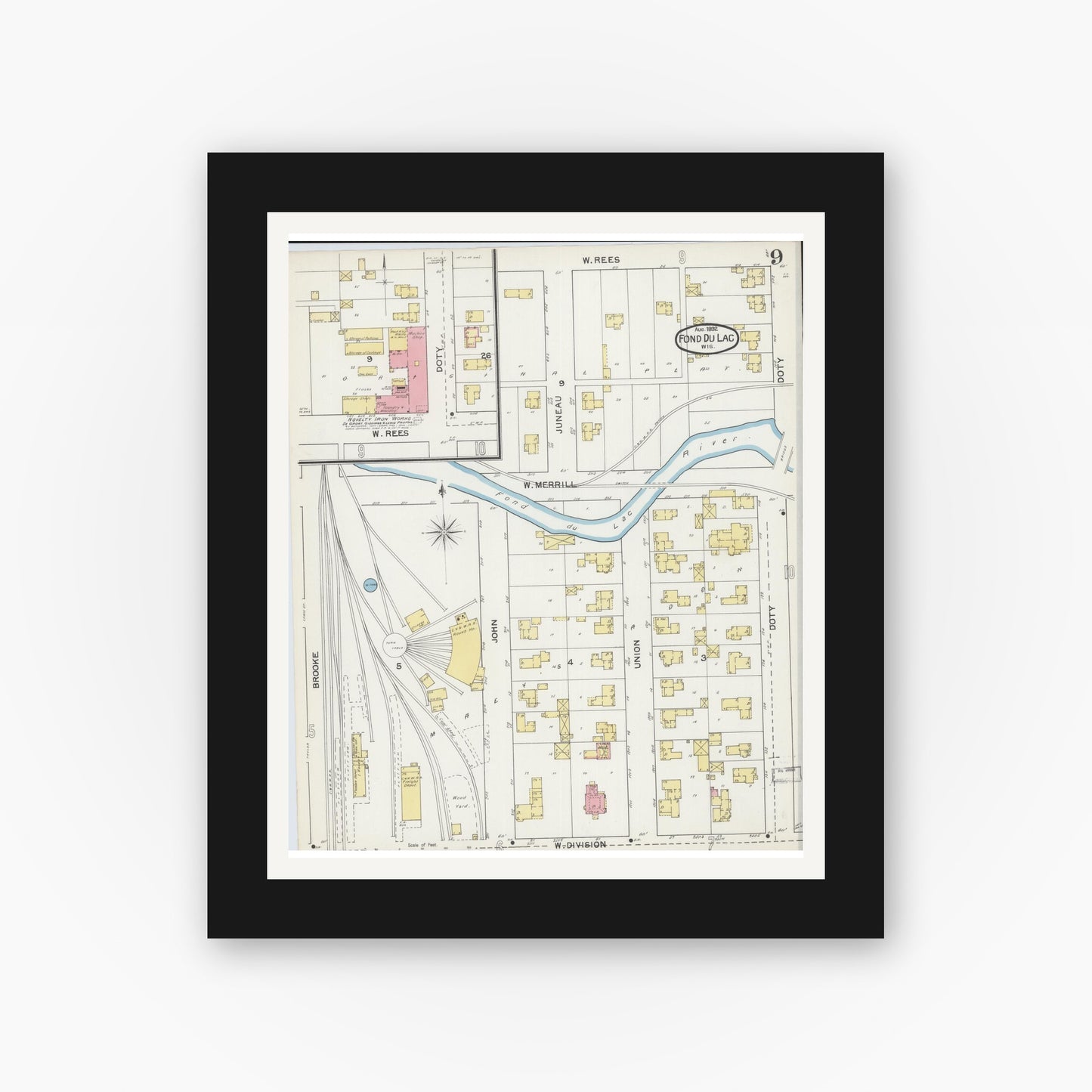 Old map wall art mockup — black gallery frame with white mat — Sanborn Fire Insurance Map from Fond du Lac, Fond du Lac County, Wisconsin (1892), Sheet #0009