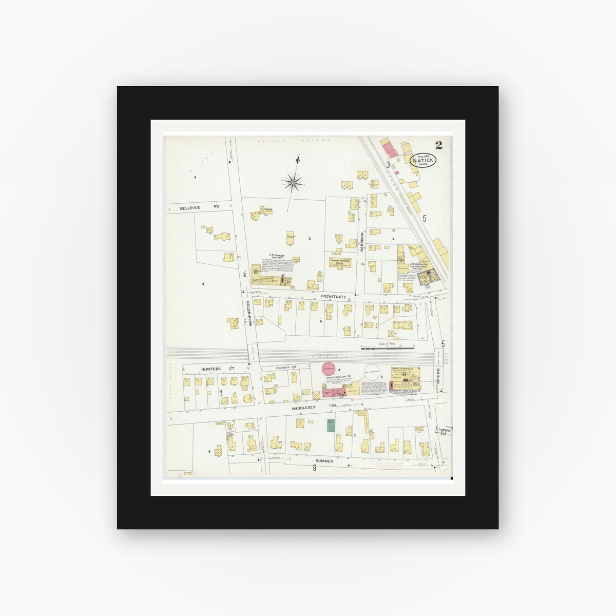 Old map wall art mockup — black gallery frame with white mat — Sanborn Fire Insurance Map from Natick, Middlesex County, Massachusetts (1909), Sheet #0002