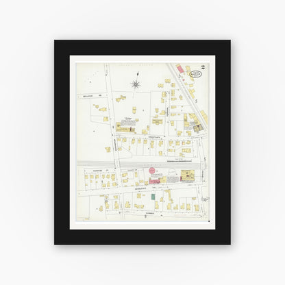 Old map wall art mockup — black gallery frame with white mat — Sanborn Fire Insurance Map from Natick, Middlesex County, Massachusetts (1909), Sheet #0002