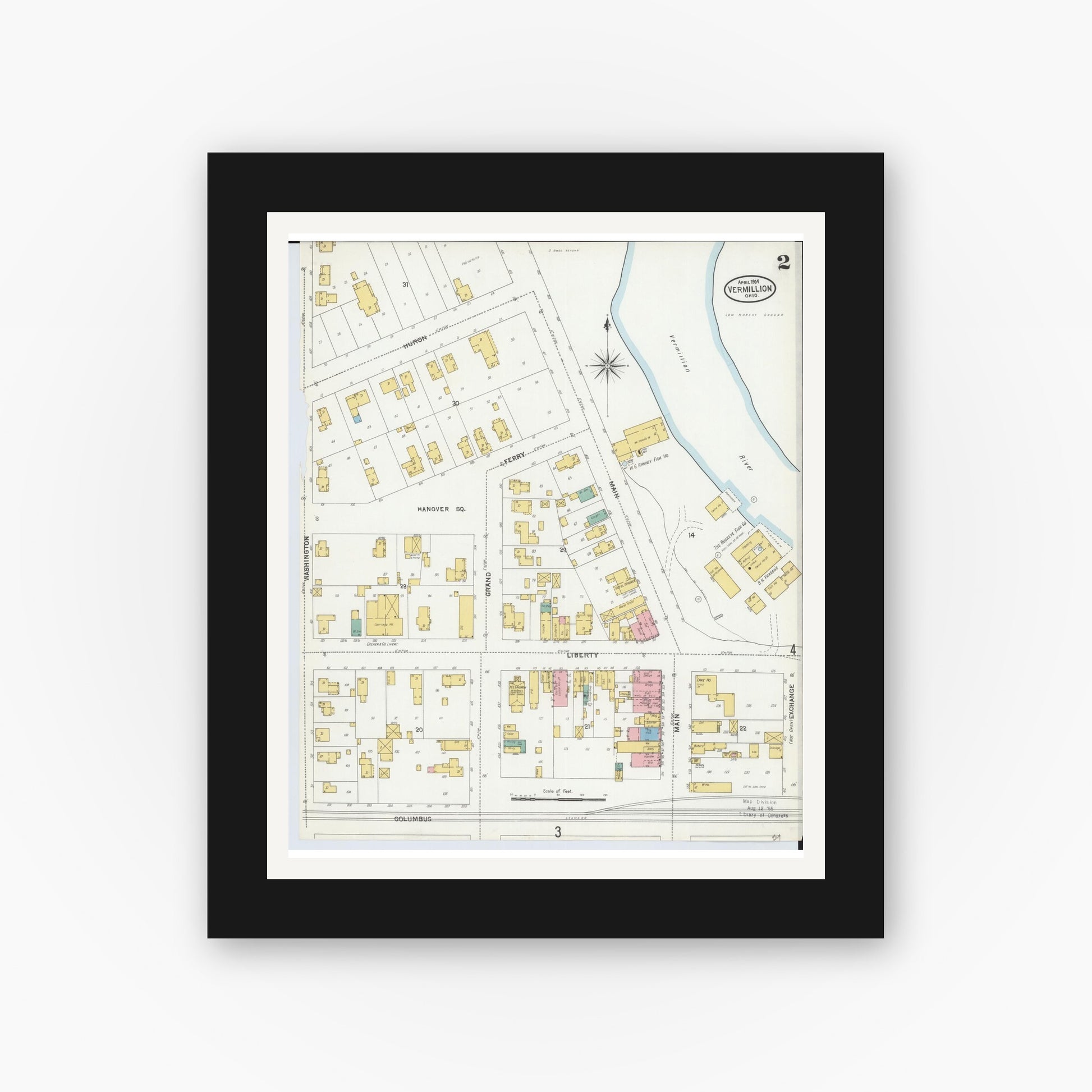 Old map wall art mockup — black gallery frame with white mat — Sanborn Fire Insurance Map from Vermillion, Erie County, Ohio (1904), Sheet #0002