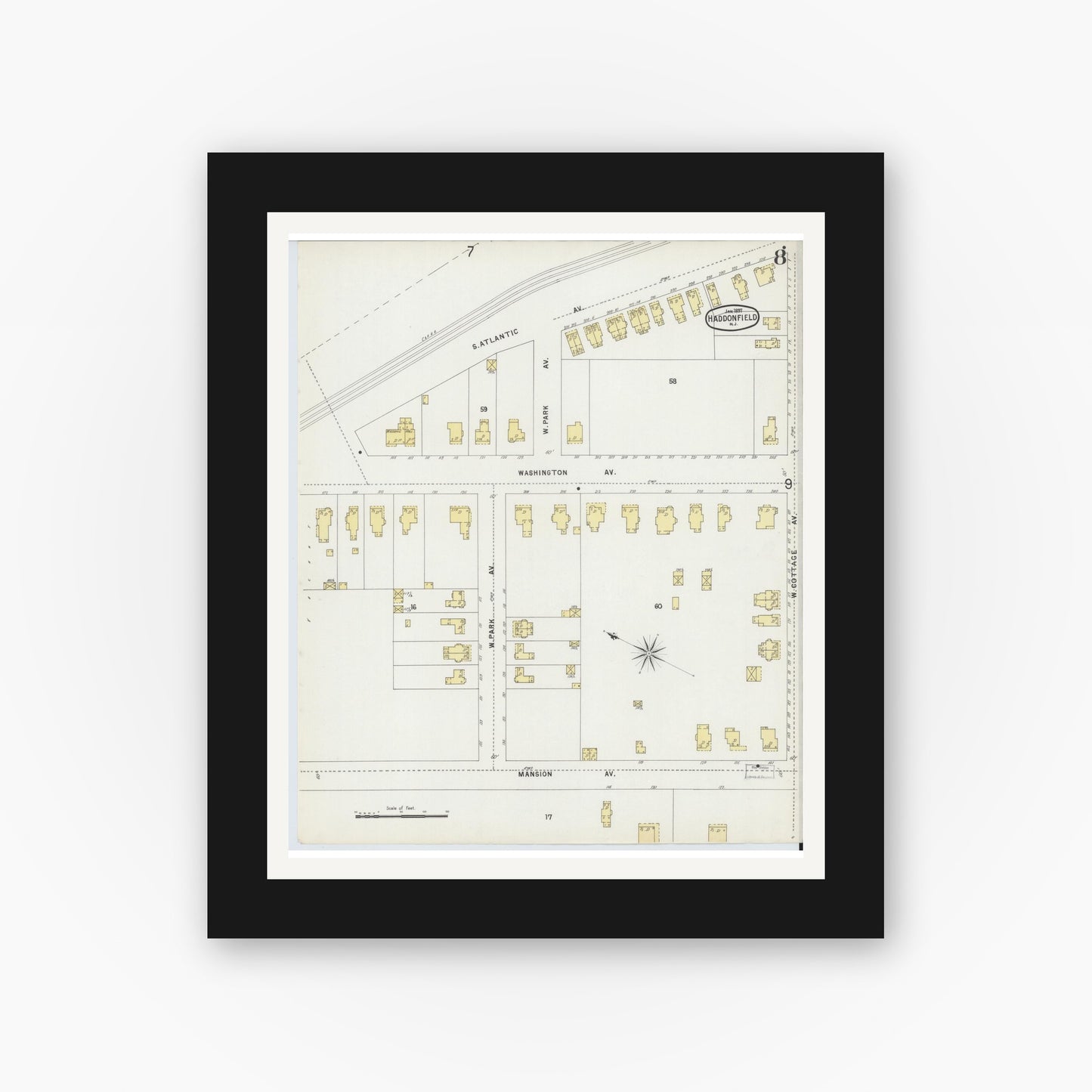 Old map wall art mockup — black gallery frame with white mat — Sanborn Fire Insurance Map from Haddonfield, Camden County, New Jersey (1897), Sheet #0008
