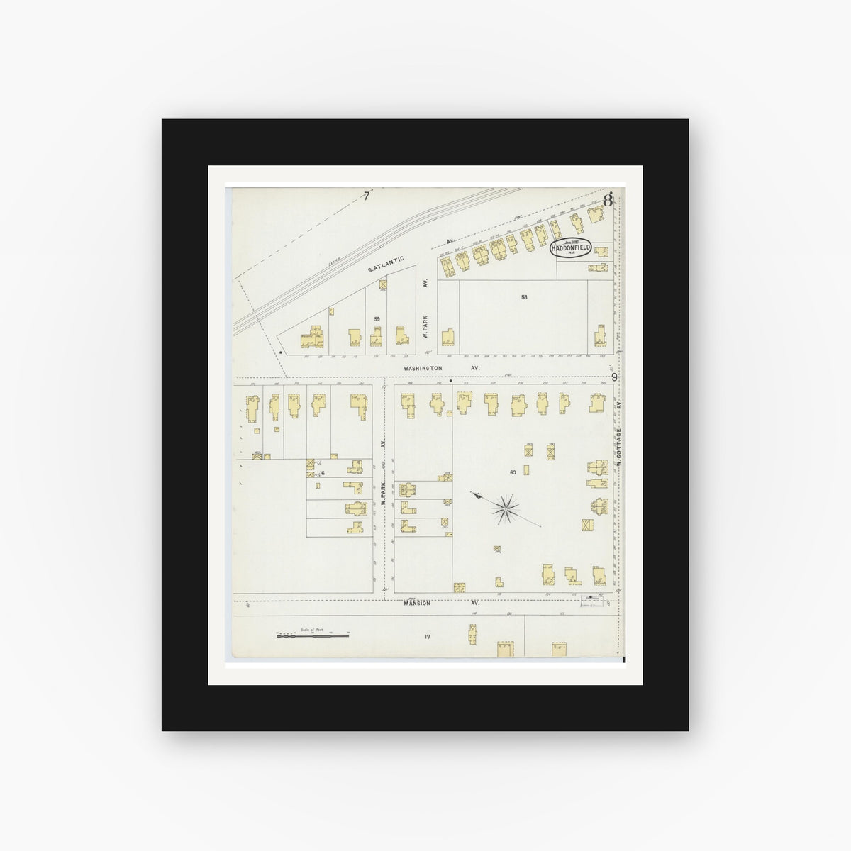 Old map wall art mockup — black gallery frame with white mat — Sanborn Fire Insurance Map from Haddonfield, Camden County, New Jersey (1897), Sheet #0008