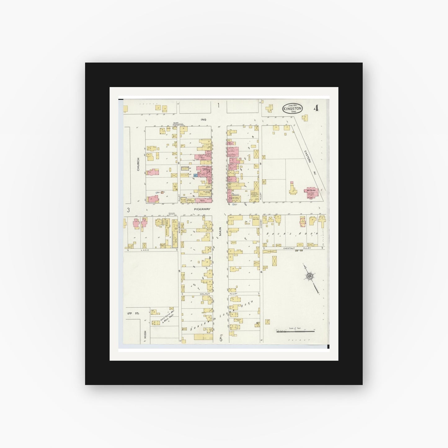 Old map wall art mockup — black gallery frame with white mat — Sanborn Fire Insurance Map from Kingston, Ross County, Ohio (1915), Sheet #0004