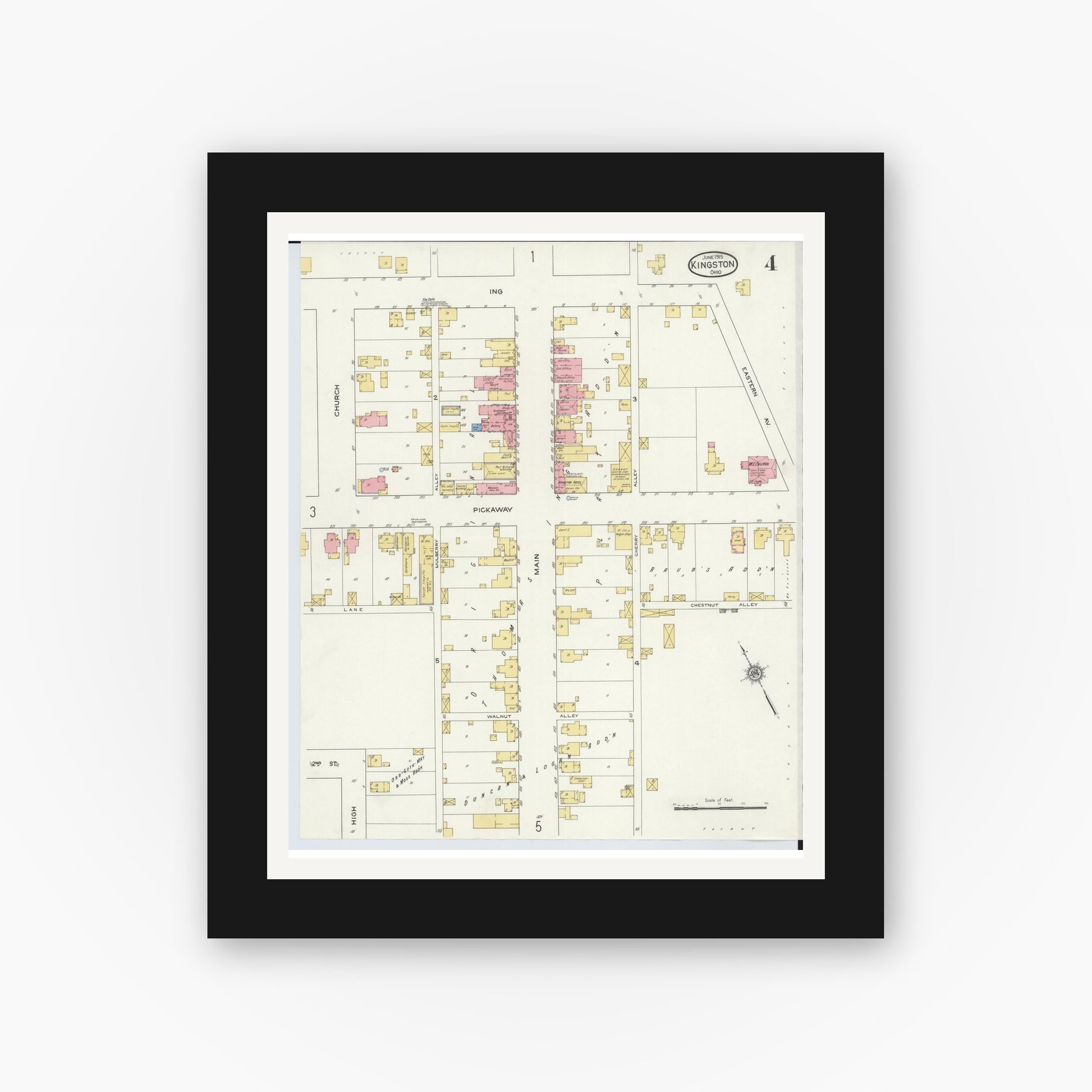 Old map wall art mockup — black gallery frame with white mat — Sanborn Fire Insurance Map from Kingston, Ross County, Ohio (1915), Sheet #0004
