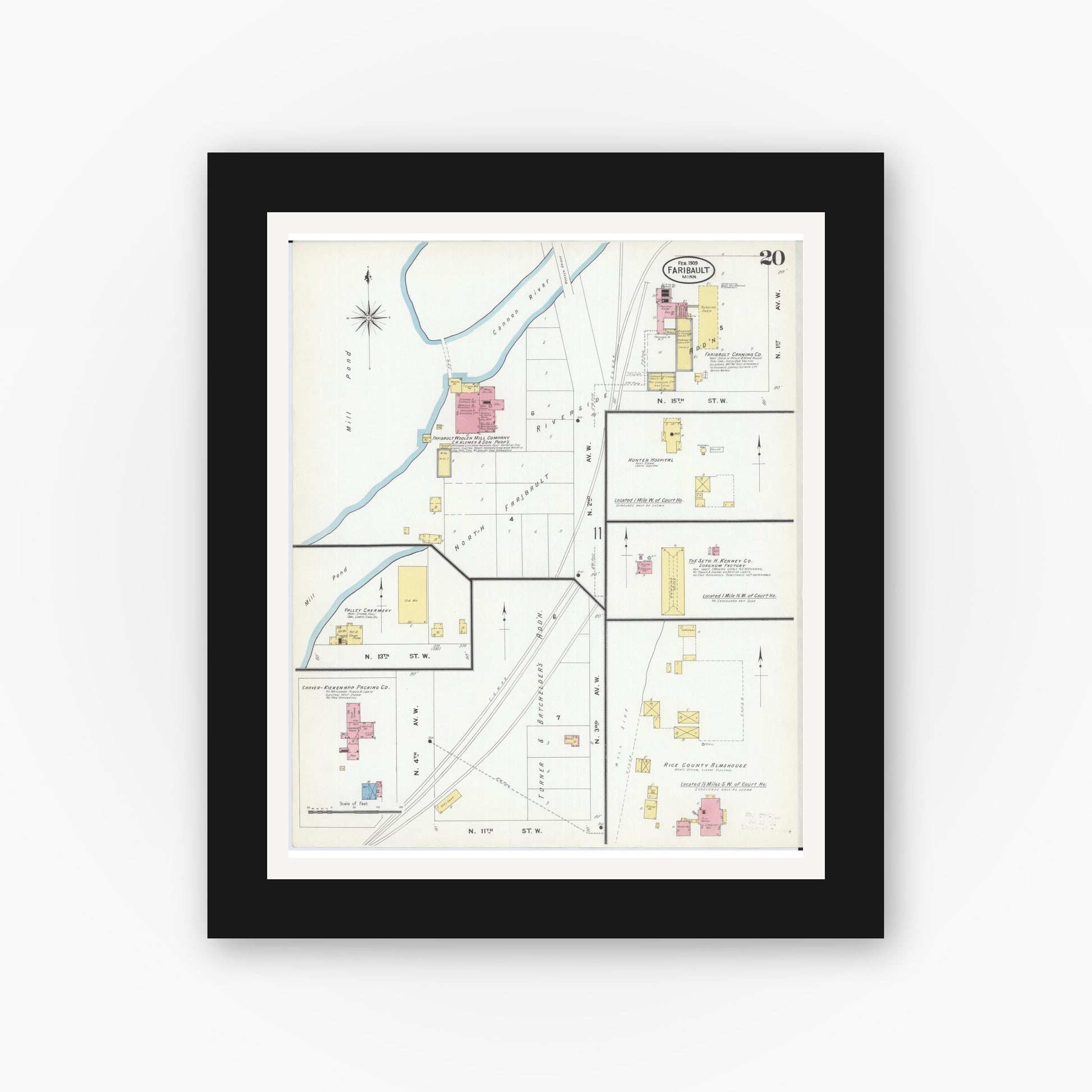 Old map wall art mockup — black gallery frame with white mat — Sanborn Fire Insurance Map from Faribault, Rice County, Minnesota (1909), Sheet #0020