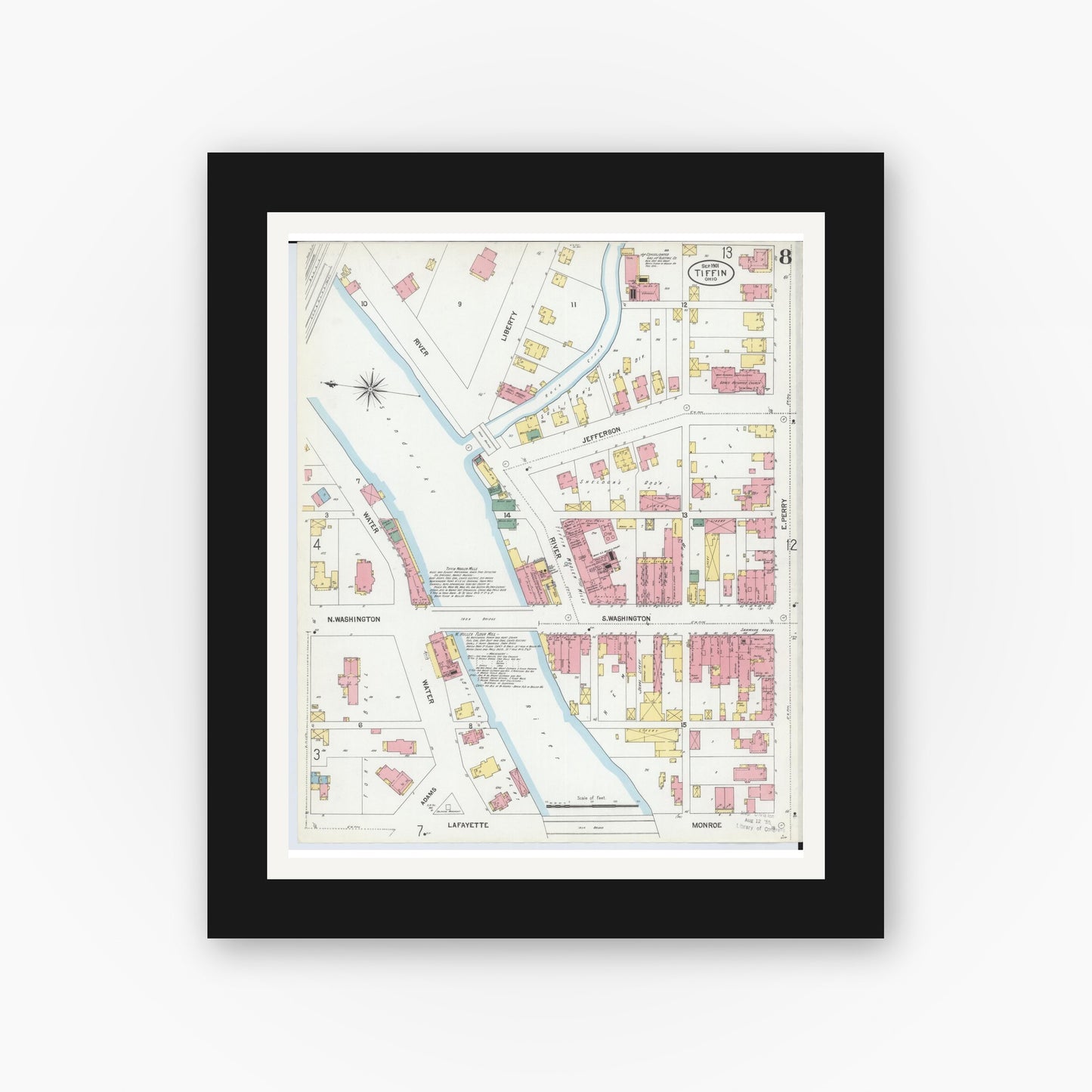 Old map wall art mockup — black gallery frame with white mat — Sanborn Fire Insurance Map from Tiffin, Seneca County, Ohio (1901), Sheet #0008