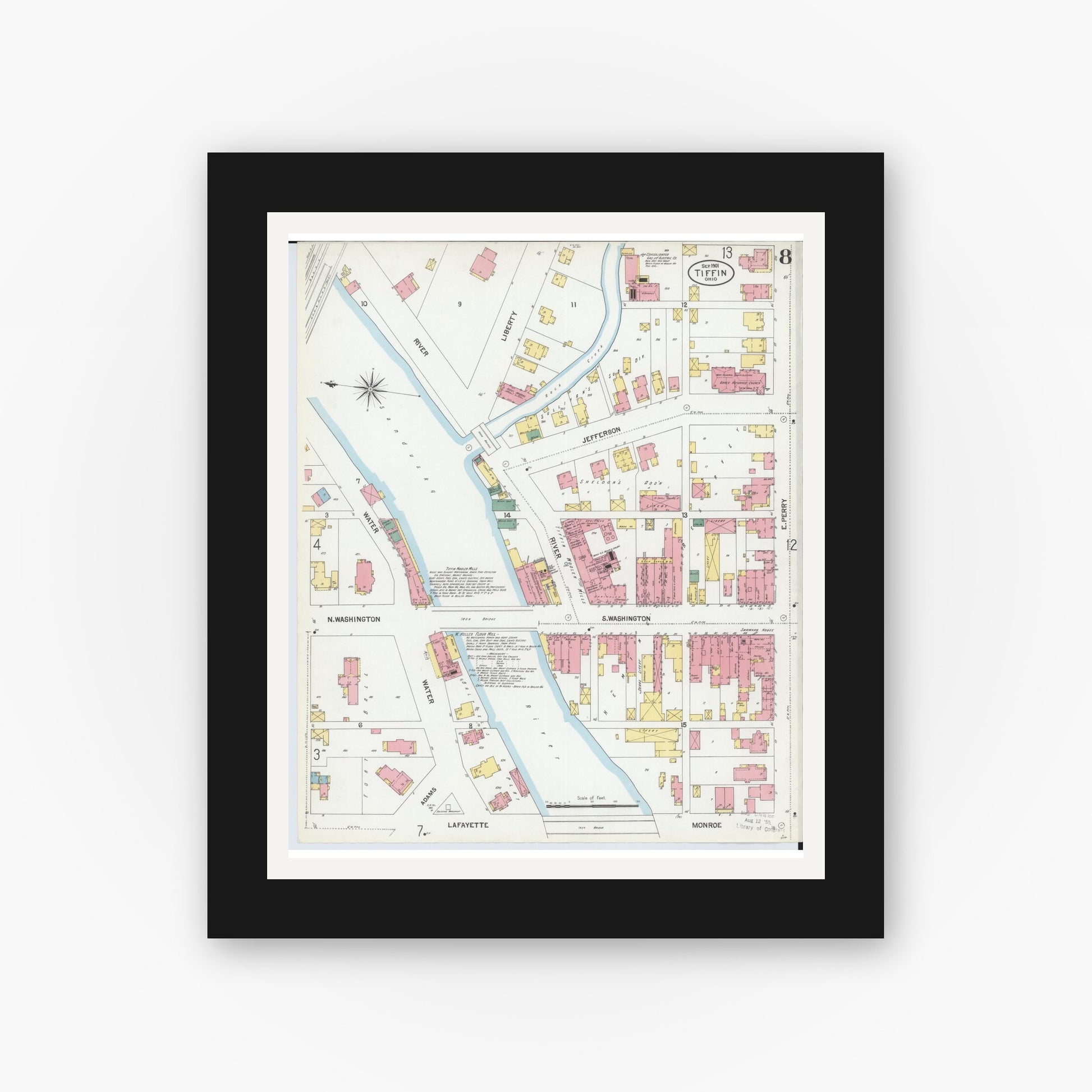 Old map wall art mockup — black gallery frame with white mat — Sanborn Fire Insurance Map from Tiffin, Seneca County, Ohio (1901), Sheet #0008