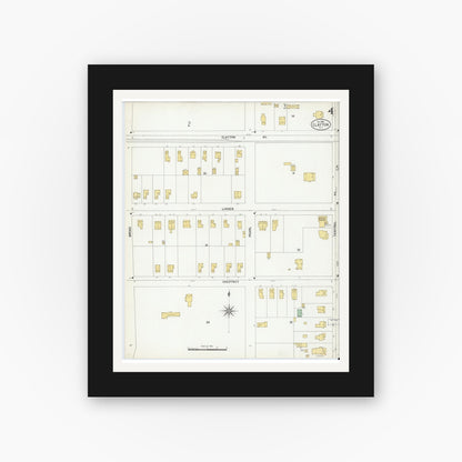 Old map wall art mockup — black gallery frame with white mat — Sanborn Fire Insurance Map from Clayton, Gloucester County, New Jersey (1900), Sheet #0004