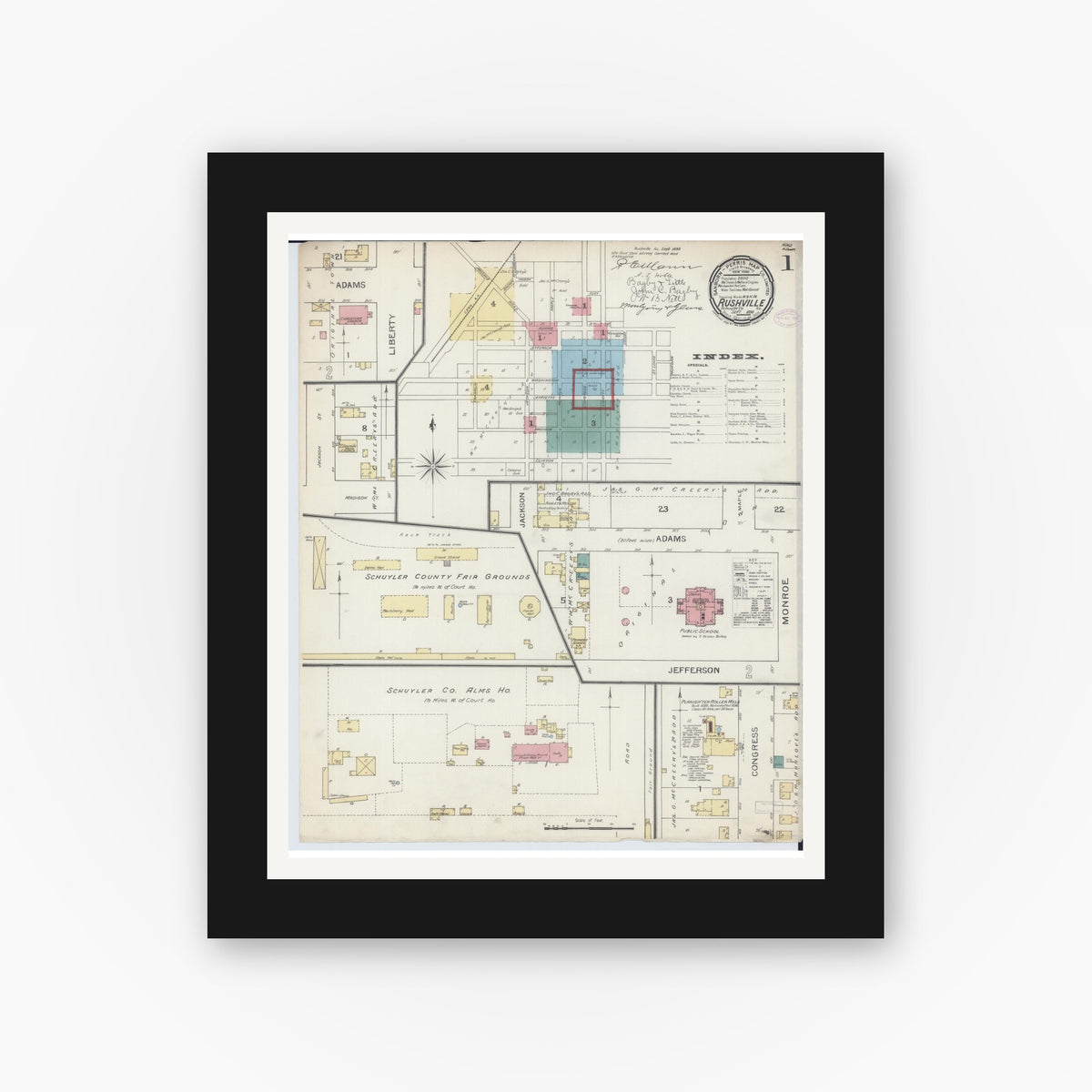 Old map wall art mockup — black gallery frame with white mat — Sanborn Fire Insurance Map from Rushville, Schuyler County, Illinois (1893) - Complete Map Set