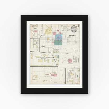 Old map wall art mockup — black gallery frame with white mat — Sanborn Fire Insurance Map from Rushville, Schuyler County, Illinois (1893) - Complete Map Set