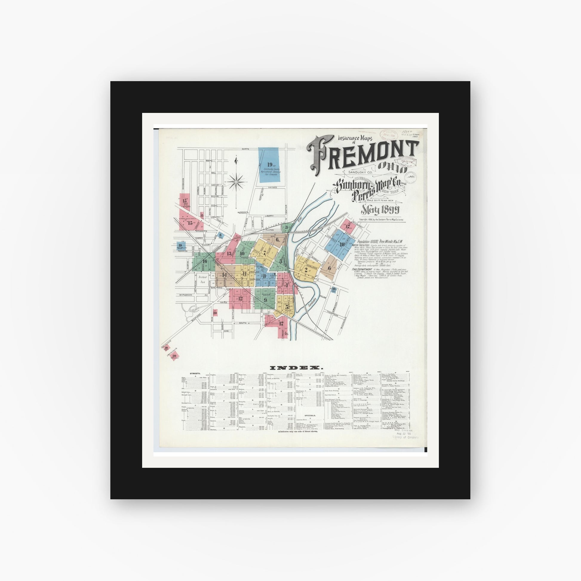 Old map wall art mockup — black gallery frame with white mat — Sanborn Fire Insurance Map from Fremont, Sandusky County, Ohio (1899), Sheet #0001