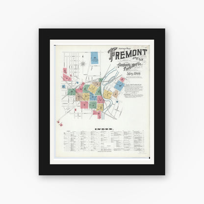 Old map wall art mockup — black gallery frame with white mat — Sanborn Fire Insurance Map from Fremont, Sandusky County, Ohio (1899), Sheet #0001