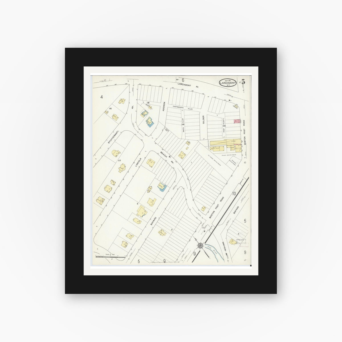 Old map wall art mockup — black gallery frame with white mat — Sanborn Fire Insurance Map from Larchmont, Westchester County, New York (1911), Sheet #0005
