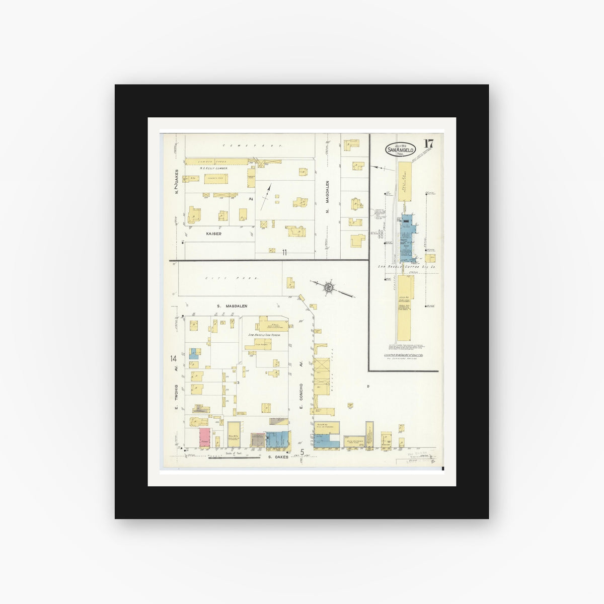 Old map wall art mockup — black gallery frame with white mat — Sanborn Fire Insurance Map from San Angelo, Tom Green County, Texas (1913), Sheet #0017