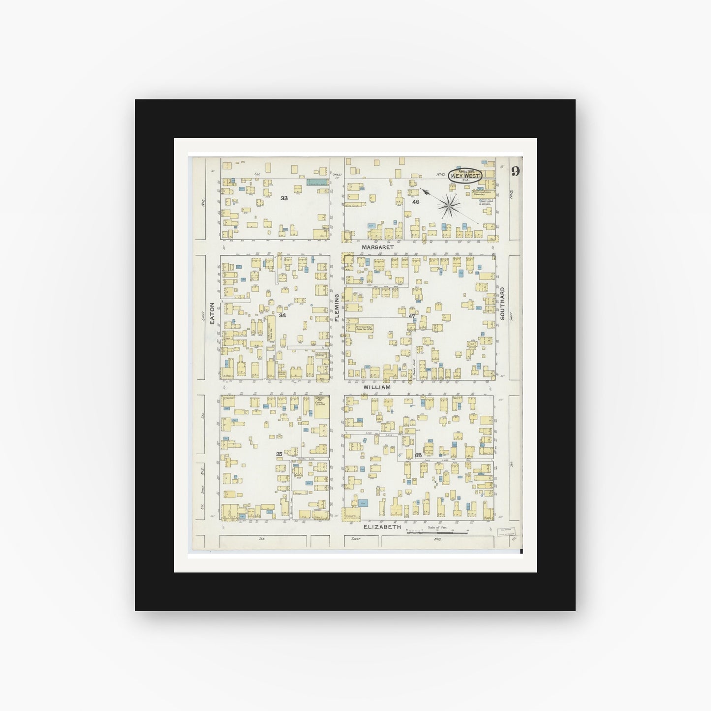 Old map wall art mockup — black gallery frame with white mat — Sanborn Fire Insurance Map from Key West, Monroe County, Florida (1892), Sheet #0009