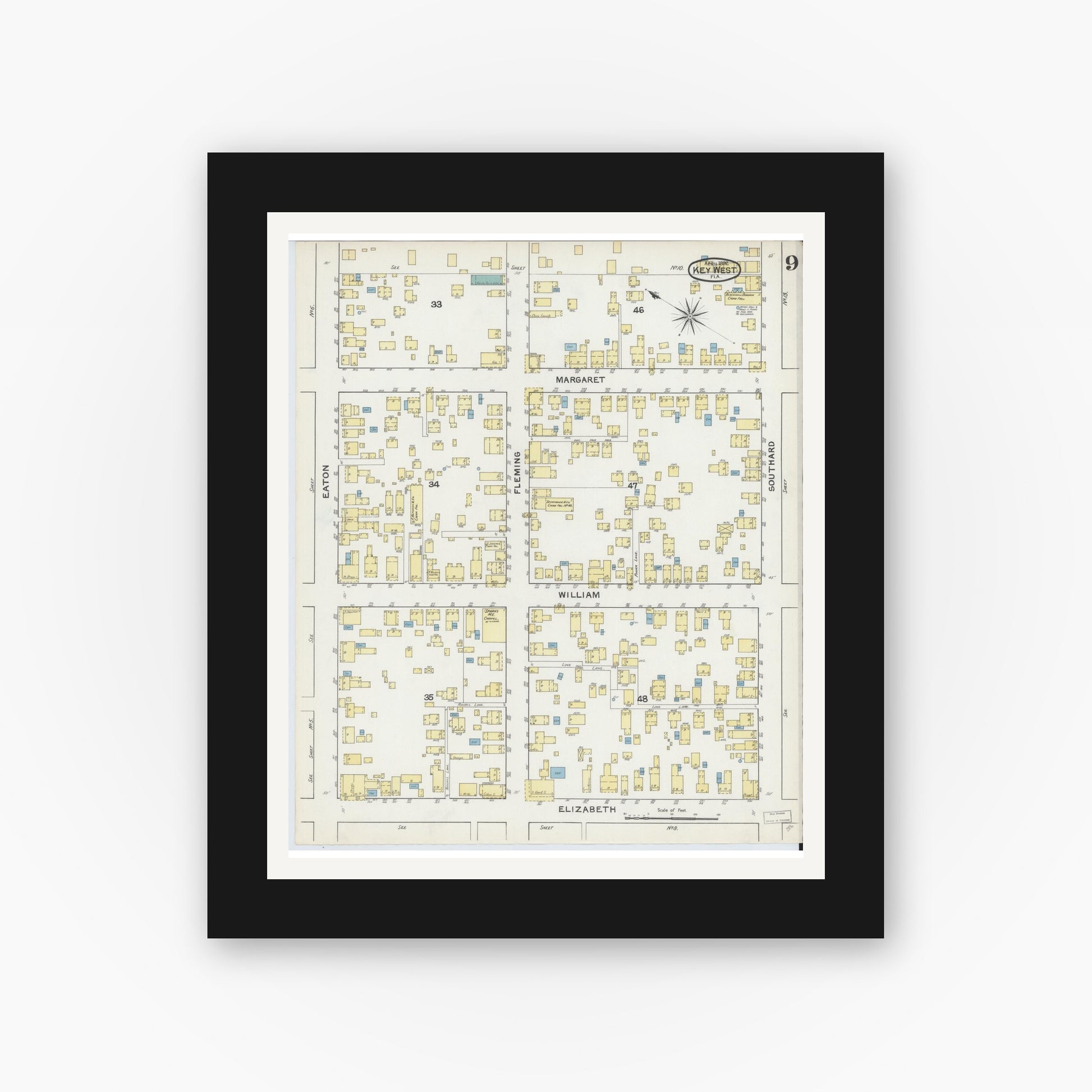 Old map wall art mockup — black gallery frame with white mat — Sanborn Fire Insurance Map from Key West, Monroe County, Florida (1892), Sheet #0009