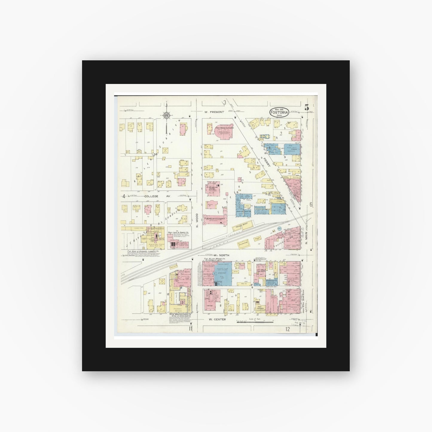 Old map wall art mockup — black gallery frame with white mat — Sanborn Fire Insurance Map from Fostoria, Seneca, Hancock, And Wood Counties, Ohio (1914), Sheet #0005