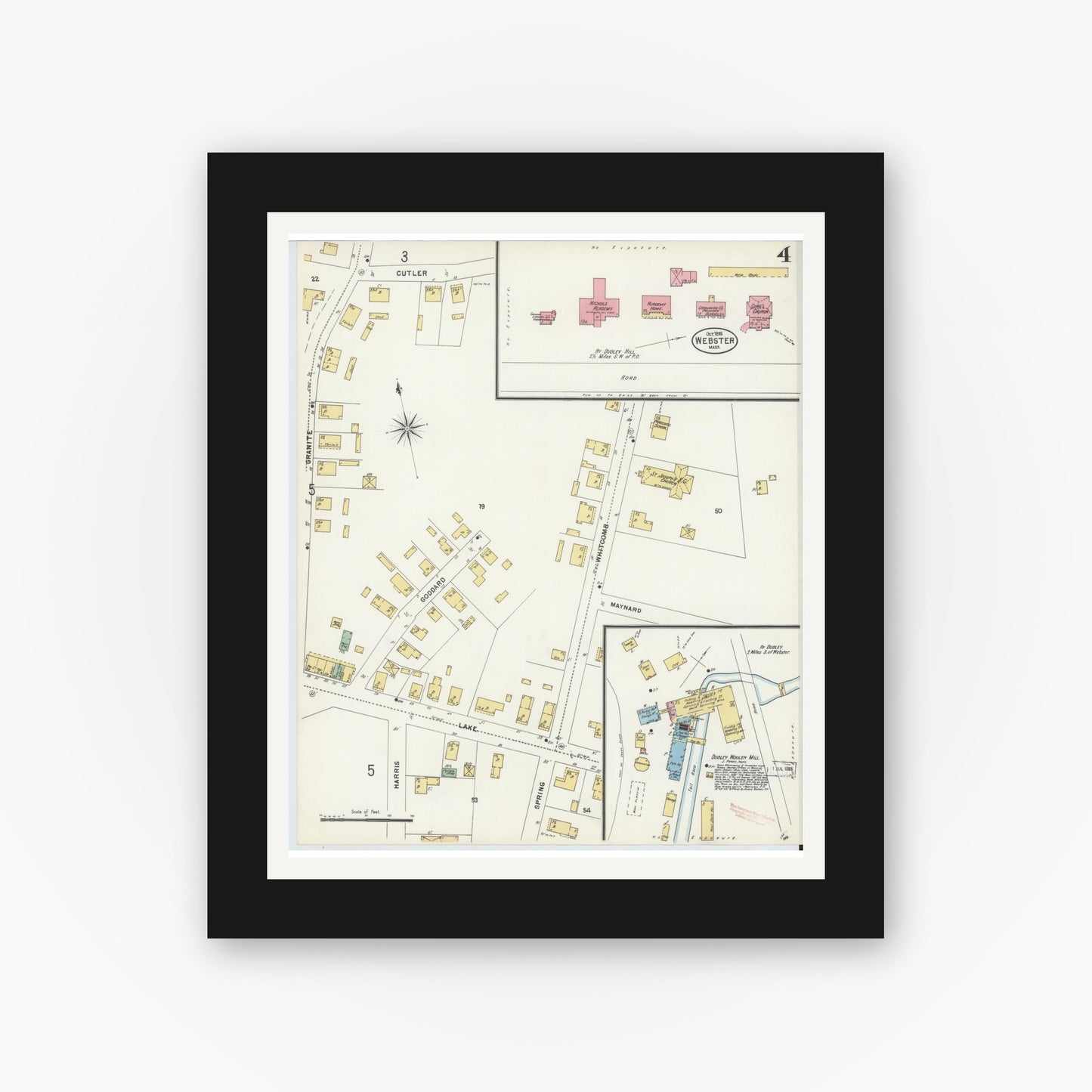 Old map wall art mockup — black gallery frame with white mat — Sanborn Fire Insurance Map from Webster, Worcester County, Massachusetts (1898), Sheet #0004