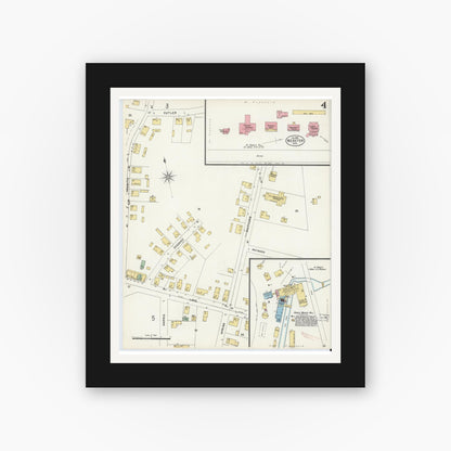 Old map wall art mockup — black gallery frame with white mat — Sanborn Fire Insurance Map from Webster, Worcester County, Massachusetts (1898), Sheet #0004