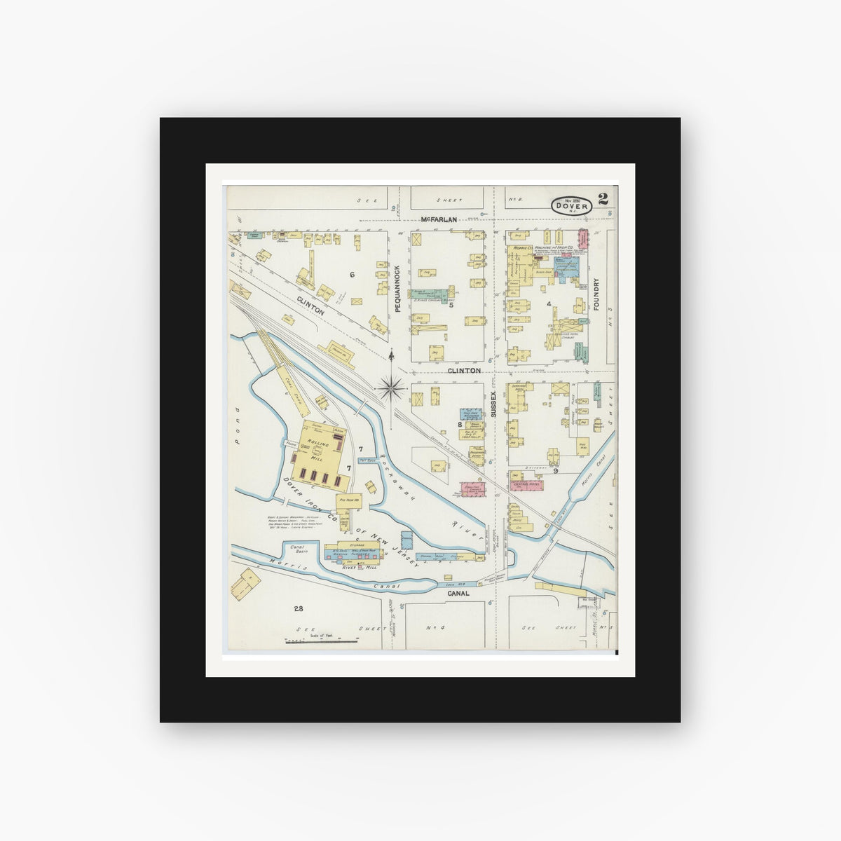 Old map wall art mockup — black gallery frame with white mat — Sanborn Fire Insurance Map from Dover, Morris County, New Jersey (1890) - Complete Map Set
