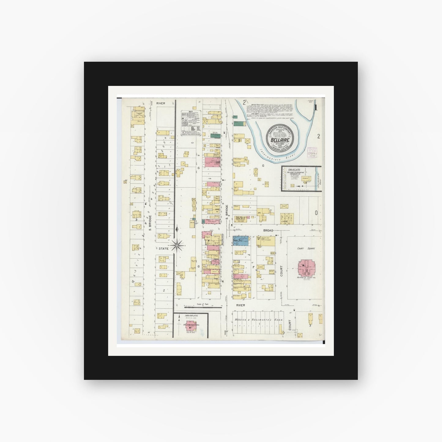 Old map wall art mockup — black gallery frame with white mat — Sanborn Fire Insurance Map from Bellaire, Antrim County, Michigan (1907) - Complete Map Set