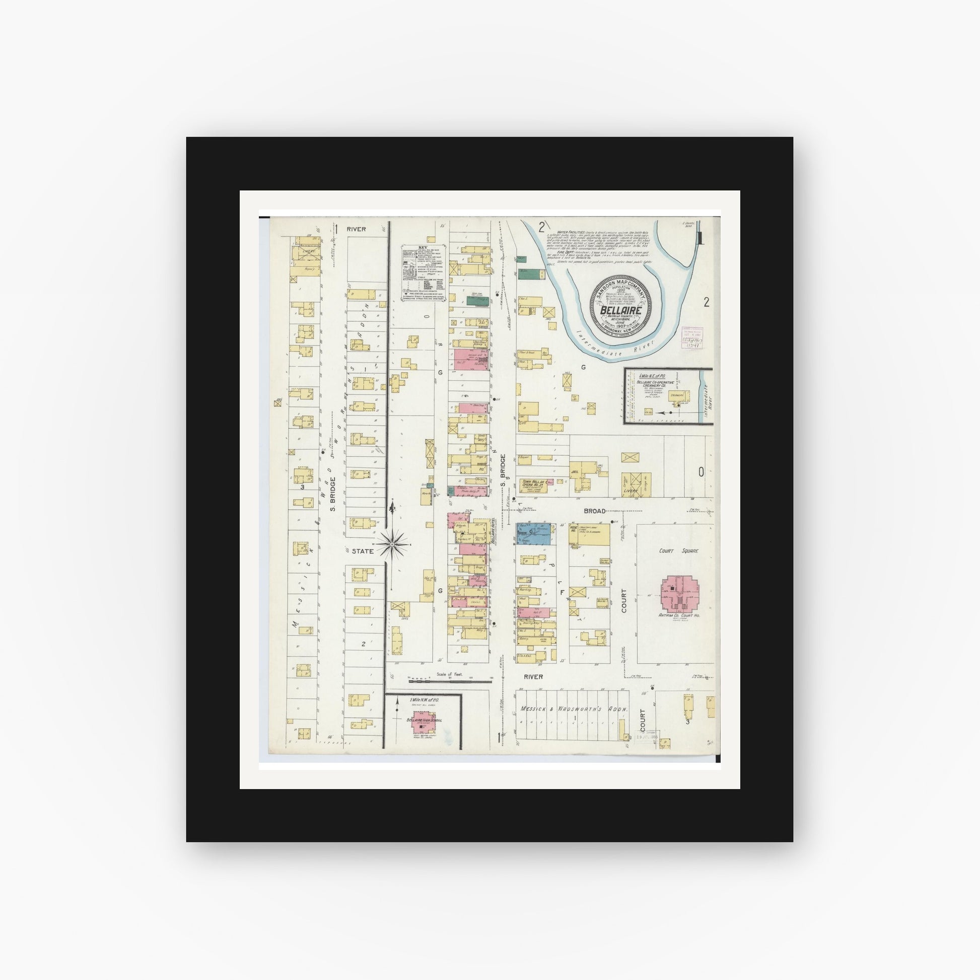 Old map wall art mockup — black gallery frame with white mat — Sanborn Fire Insurance Map from Bellaire, Antrim County, Michigan (1907) - Complete Map Set
