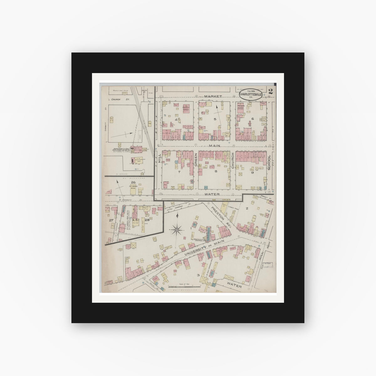 Old map wall art mockup — black gallery frame with white mat — Sanborn Fire Insurance Map from Charlottesville, Independent Cities, Virginia (1886), Sheet #0002