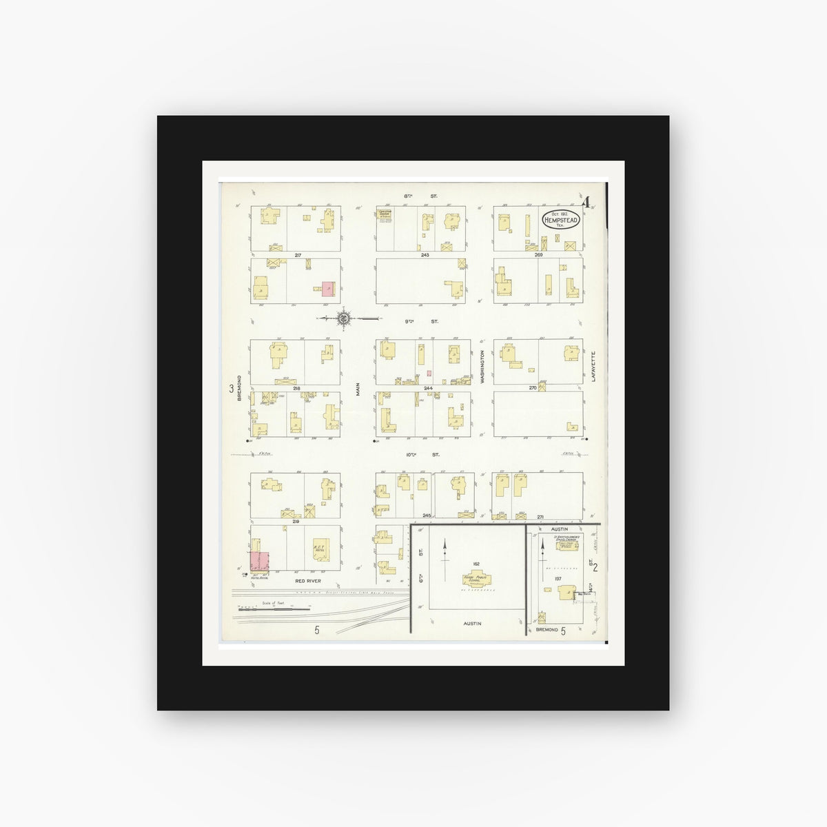 Old map wall art mockup — black gallery frame with white mat — Sanborn Fire Insurance Map from Hempstead, Waller County, Texas (1912), Sheet #0004
