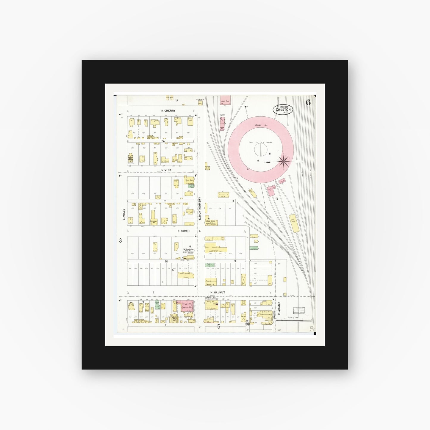 Old map wall art mockup — black gallery frame with white mat — Sanborn Fire Insurance Map from Creston, Union County, Iowa (1899), Sheet #0006