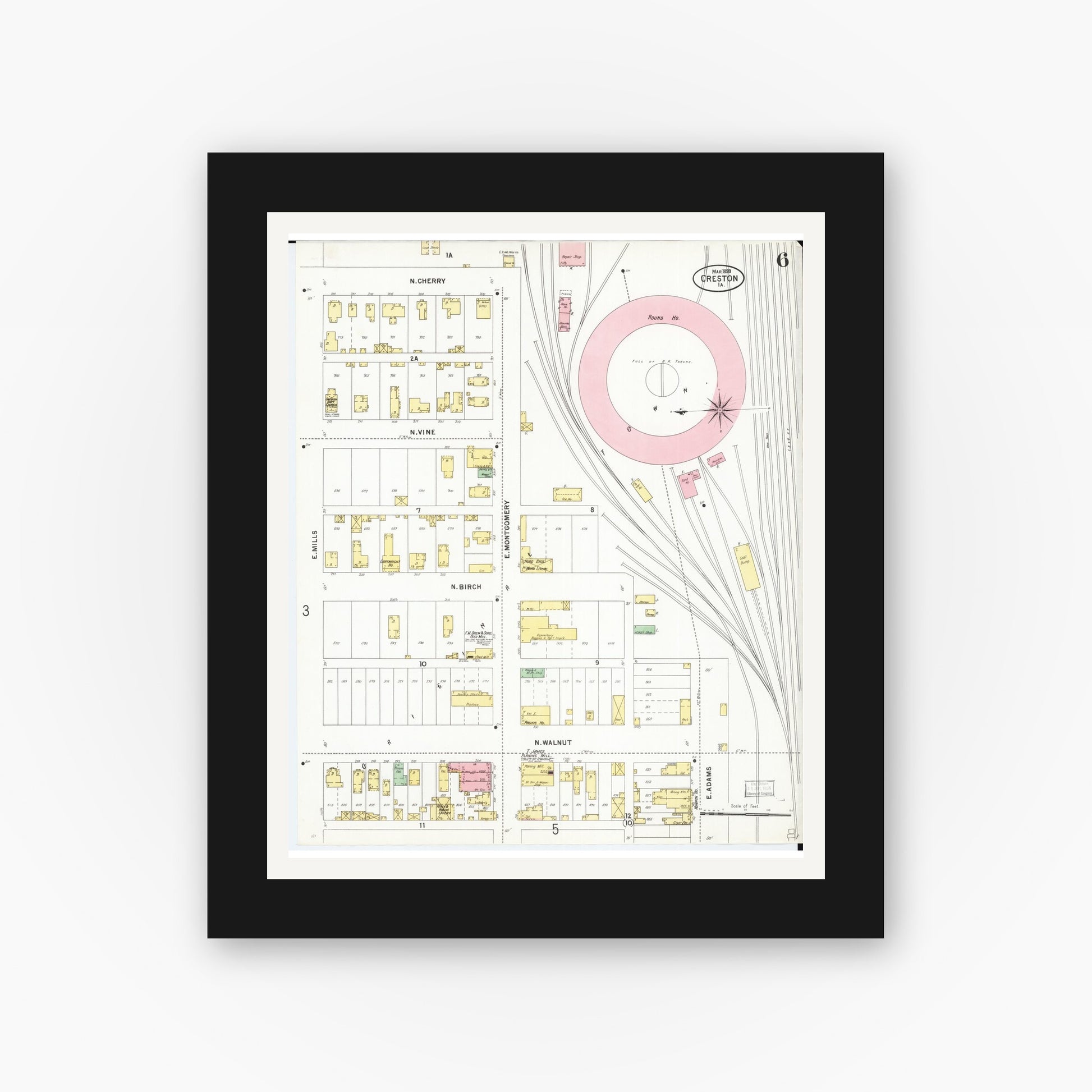 Old map wall art mockup — black gallery frame with white mat — Sanborn Fire Insurance Map from Creston, Union County, Iowa (1899), Sheet #0006