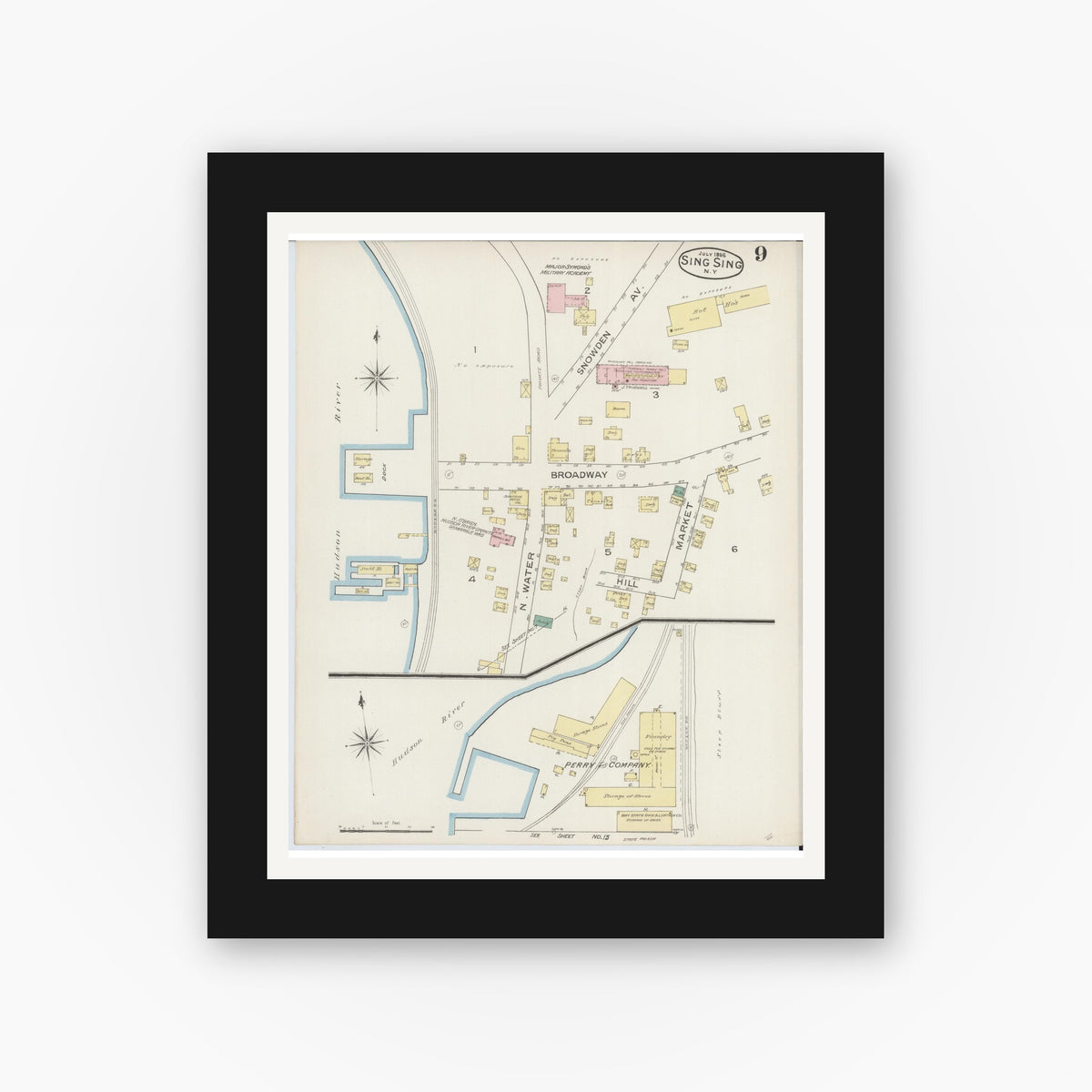 Old map wall art mockup — black gallery frame with white mat — Sanborn Fire Insurance Map from Sing Sing, Westchester County, New York (1886), Sheet #0009