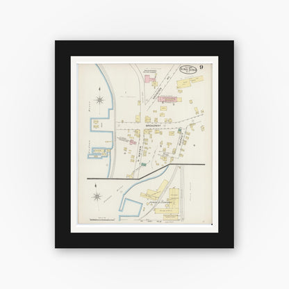 Old map wall art mockup — black gallery frame with white mat — Sanborn Fire Insurance Map from Sing Sing, Westchester County, New York (1886), Sheet #0009