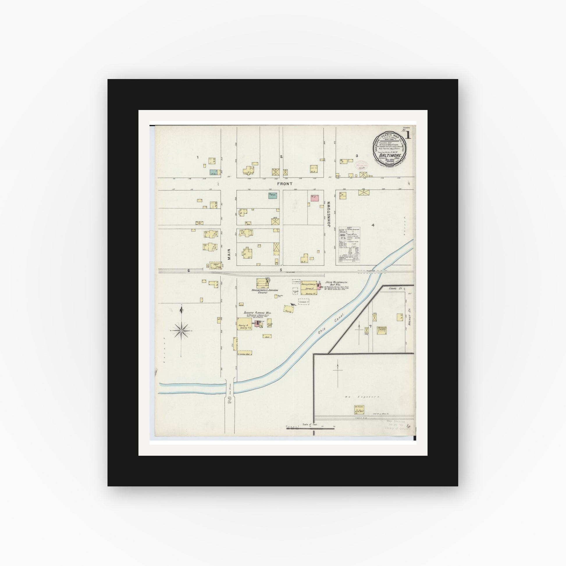 Old map wall art mockup — black gallery frame with white mat — Sanborn Fire Insurance Map from Baltimore, Fairfield County, Ohio (1895) - Complete Map Set
